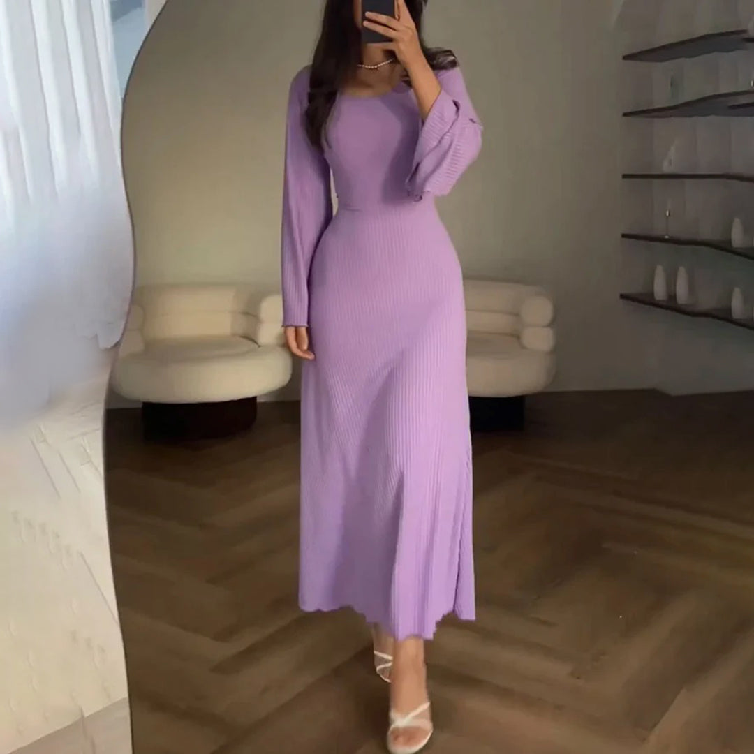 Ribbed Knit Flare Sleeve Midi Dress – Square Neck Stretch Bodycon