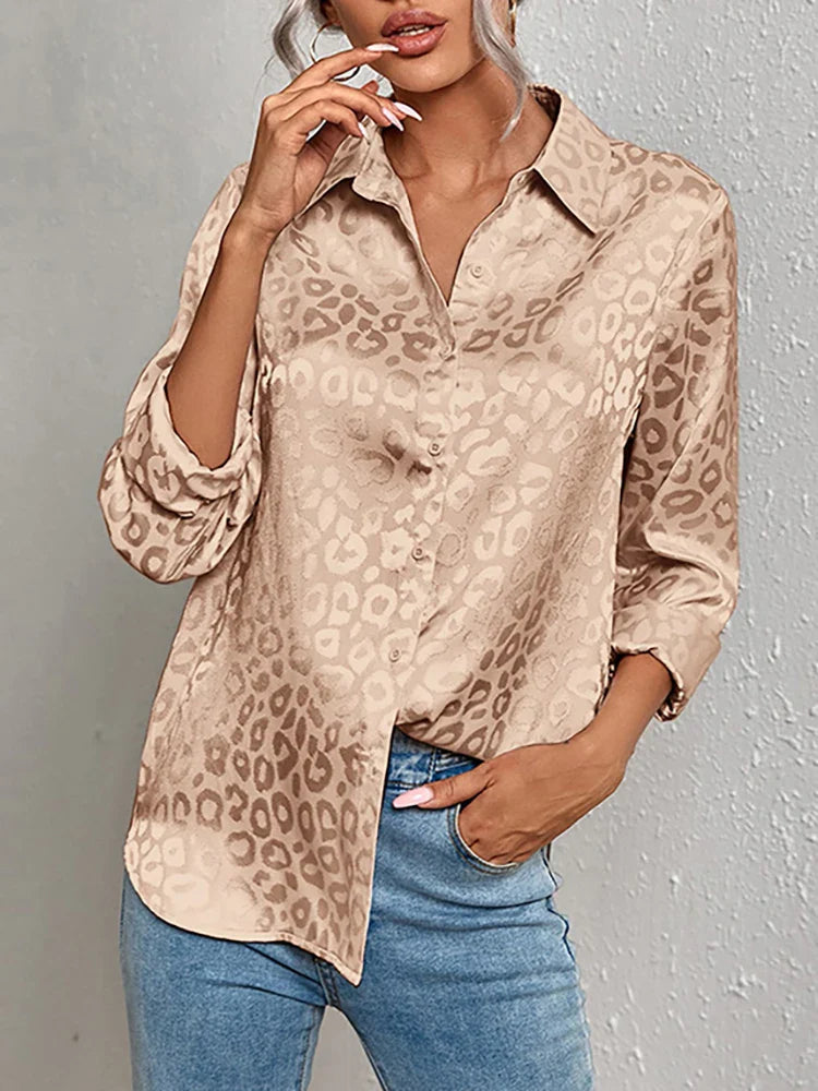 Womens Satin Blouse – Leopard Jacquard, Relaxed Fit Smart Casual