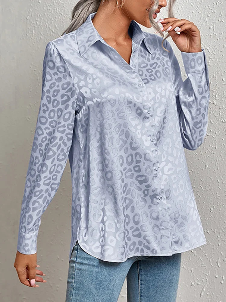Womens Satin Blouse – Leopard Jacquard, Relaxed Fit Smart Casual
