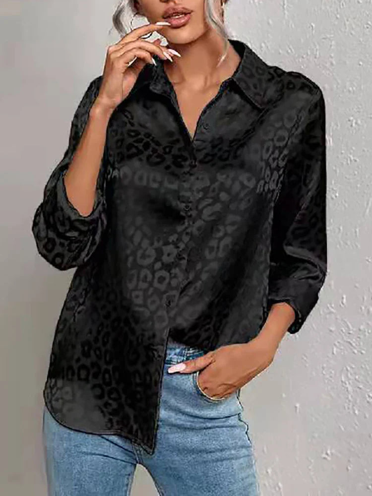 Womens Satin Blouse – Leopard Jacquard, Relaxed Fit Smart Casual