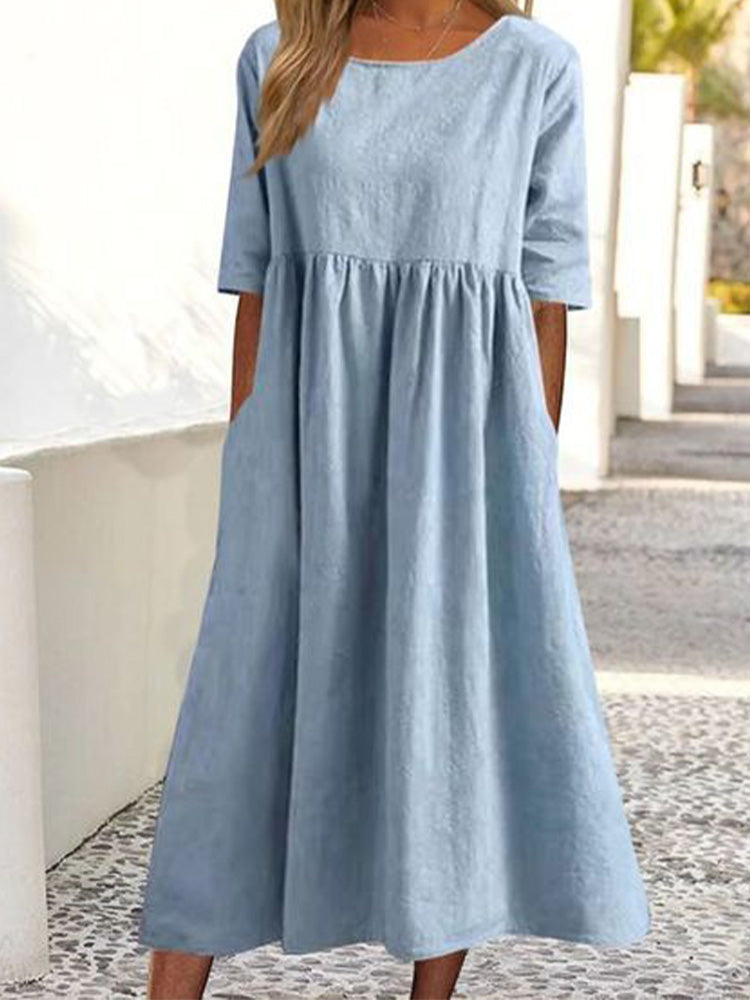 Casual Cotton Midi Dress with Short Sleeves – Relaxed Fit