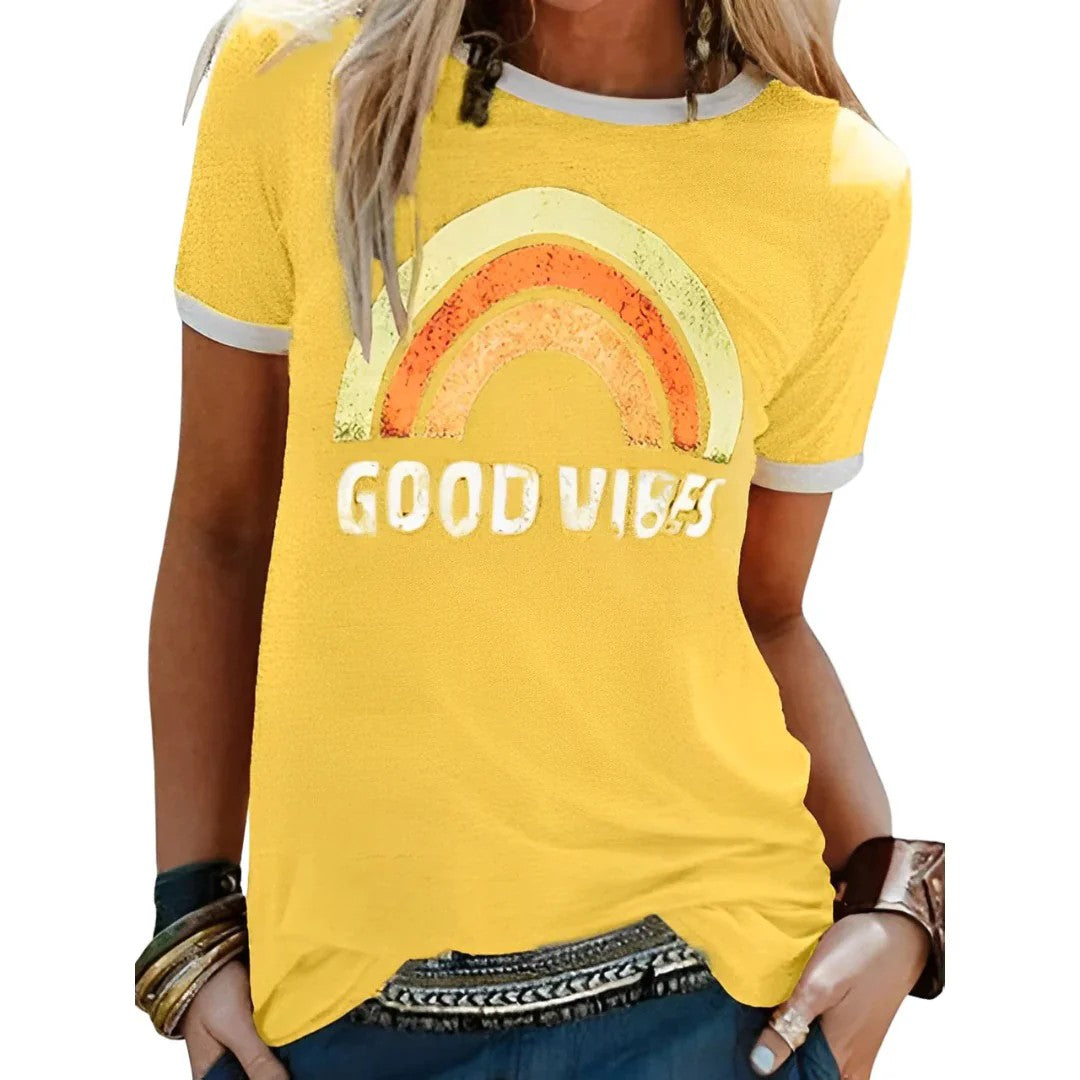Womens T-Shirt – Retro Rainbow Graphic, Relaxed Fit Summer Top