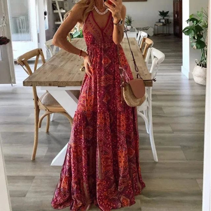 Boho Print Maxi V-Neck Dress - Adjustable Straps