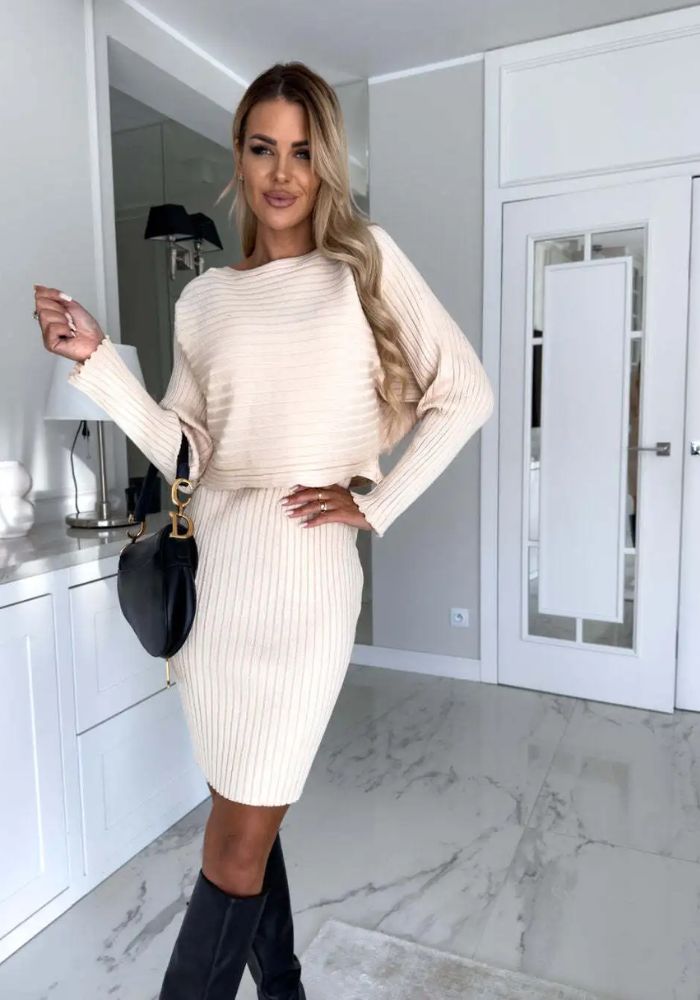 Ribbed Knit 2-Piece Set - Long Sleeve Top & Bodycon Skirt