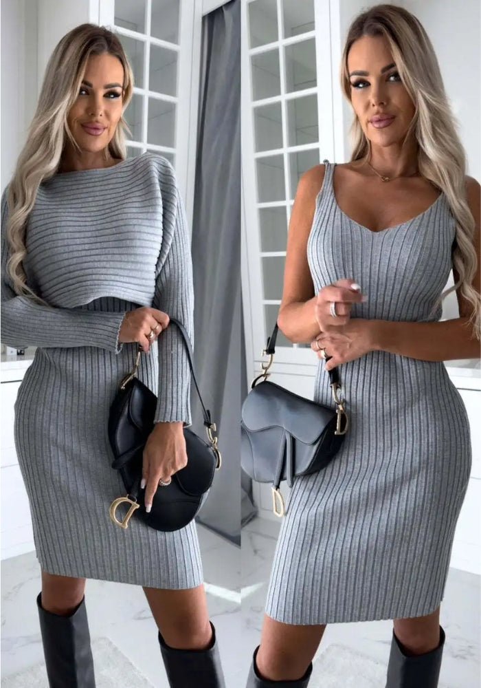 Ribbed Knit 2-Piece Set - Long Sleeve Top & Bodycon Skirt