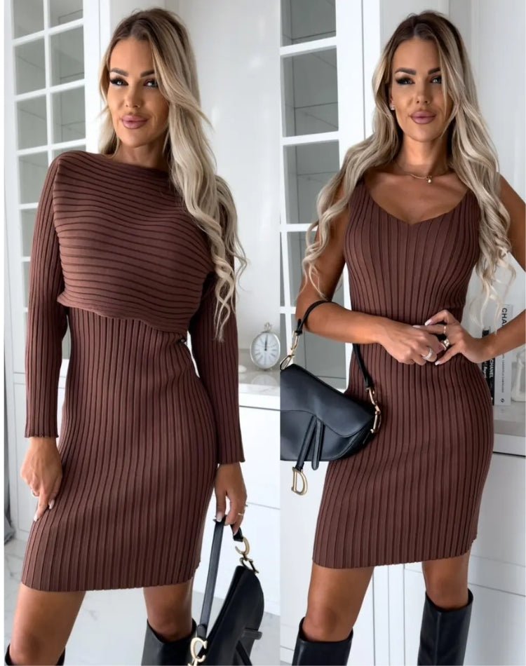 Ribbed Knit 2-Piece Set - Long Sleeve Top & Bodycon Skirt