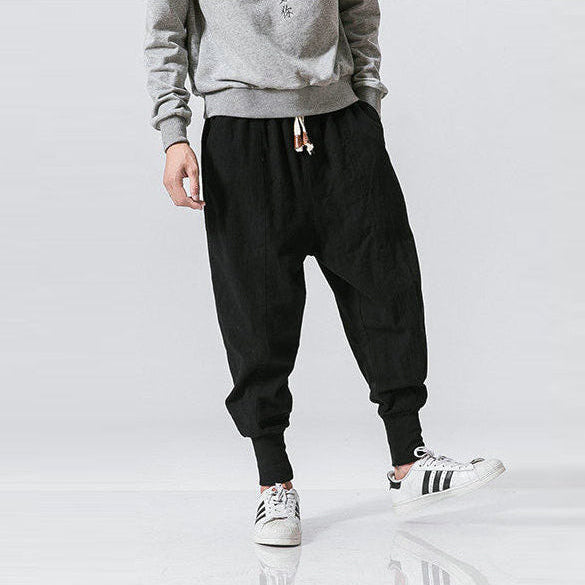 Men's Linen Trousers – Drawstring Waist, Loose Fit Cropped Streetwear