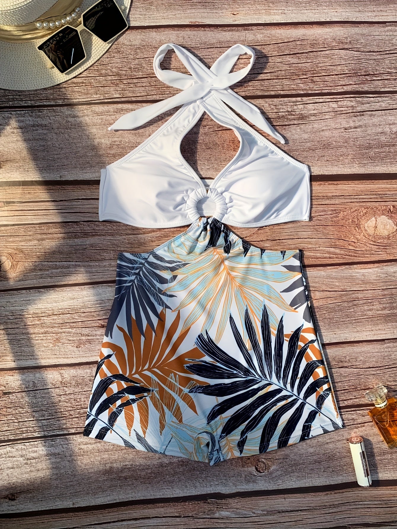 Halter Tropical Print Swim Romper – White Top with Leafy High-Waist Shorts