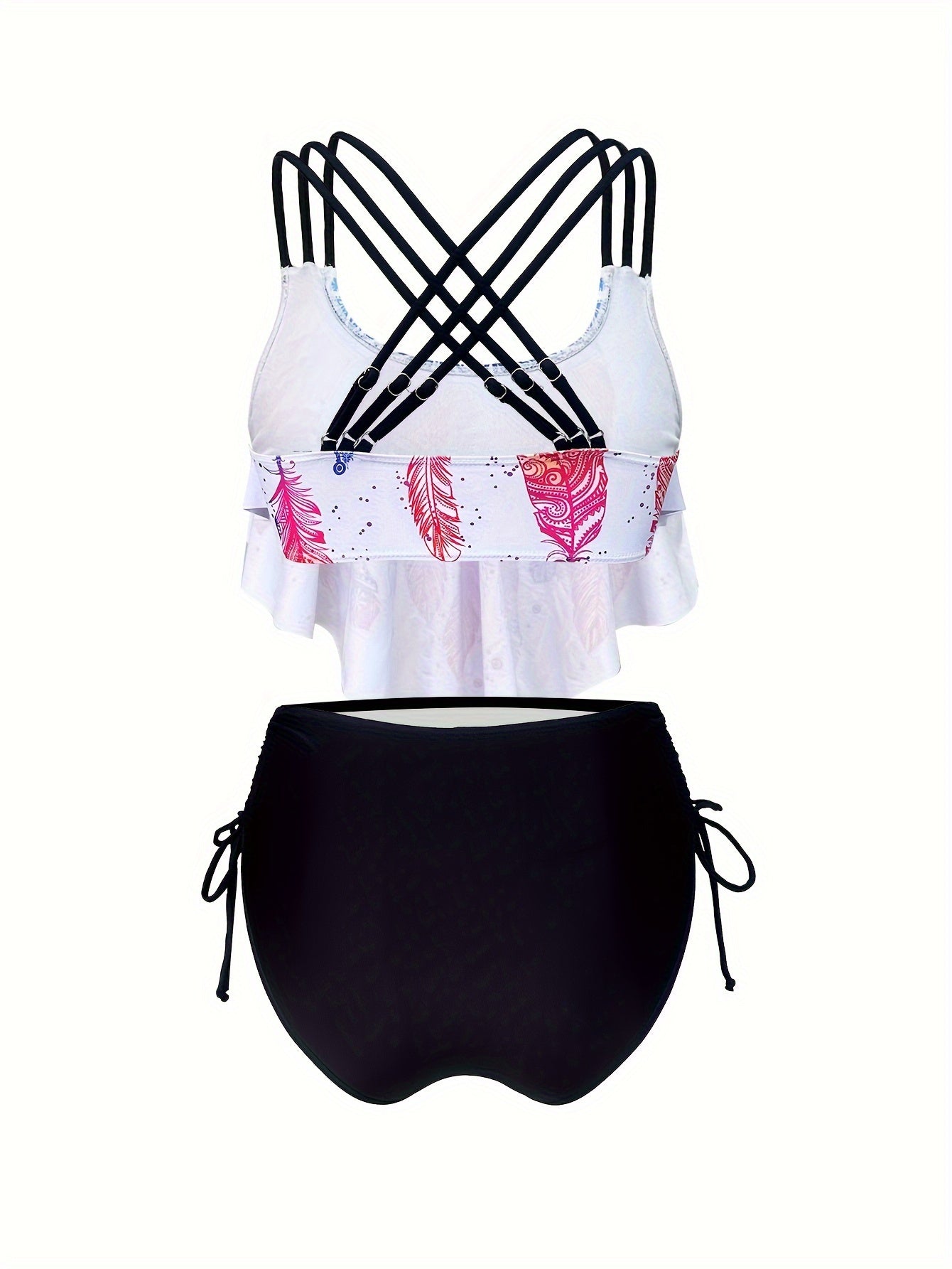 Feather Print Tankini – Crisscross Strap Top & High-Waist Bottom