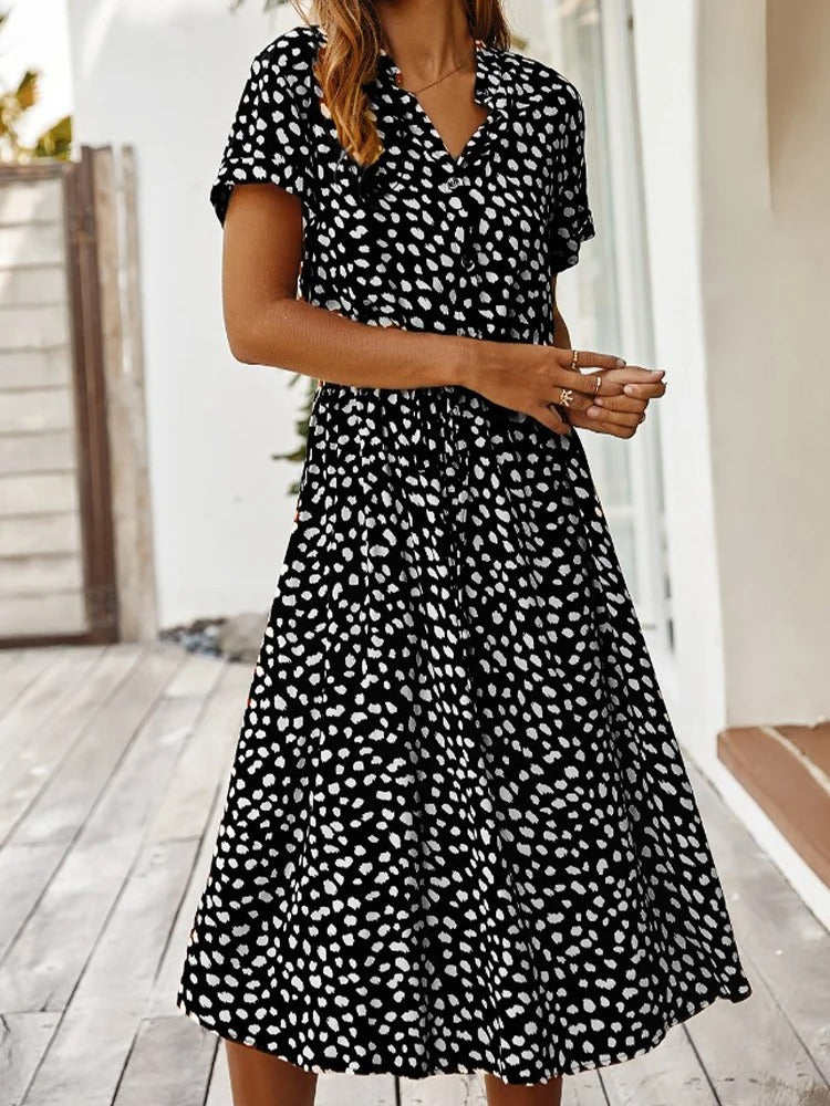 Women's Midi Shirt Dress – Spotty Print, Relaxed Fit Casual Day Dress