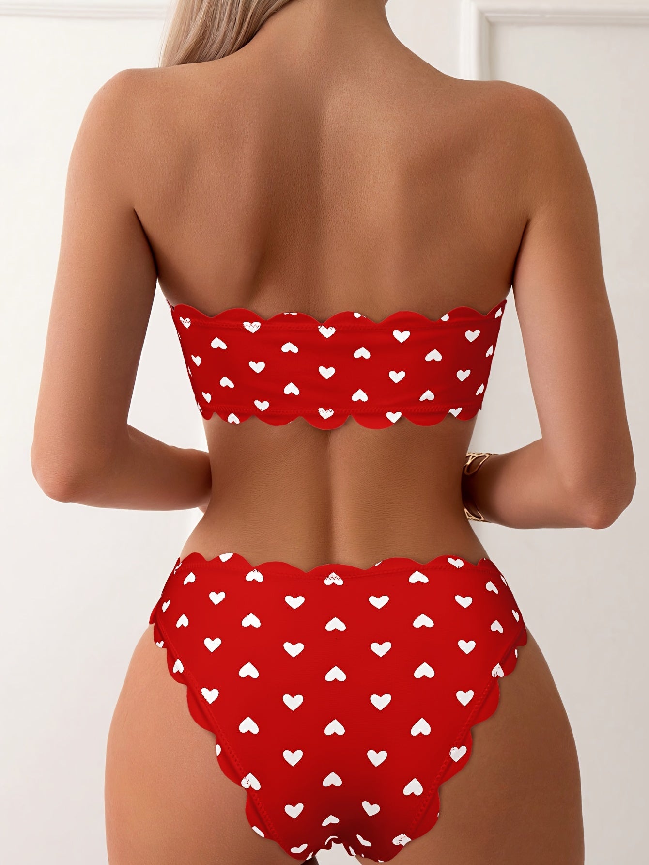 Heart Print Scalloped Bikini Set – Sweet Retro High-Waist Swimwear