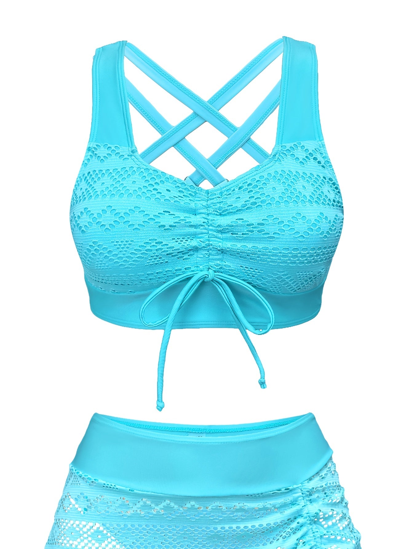 Lace Crochet 3-Piece Bikini Set – Aqua Blue with Wrap Skirt