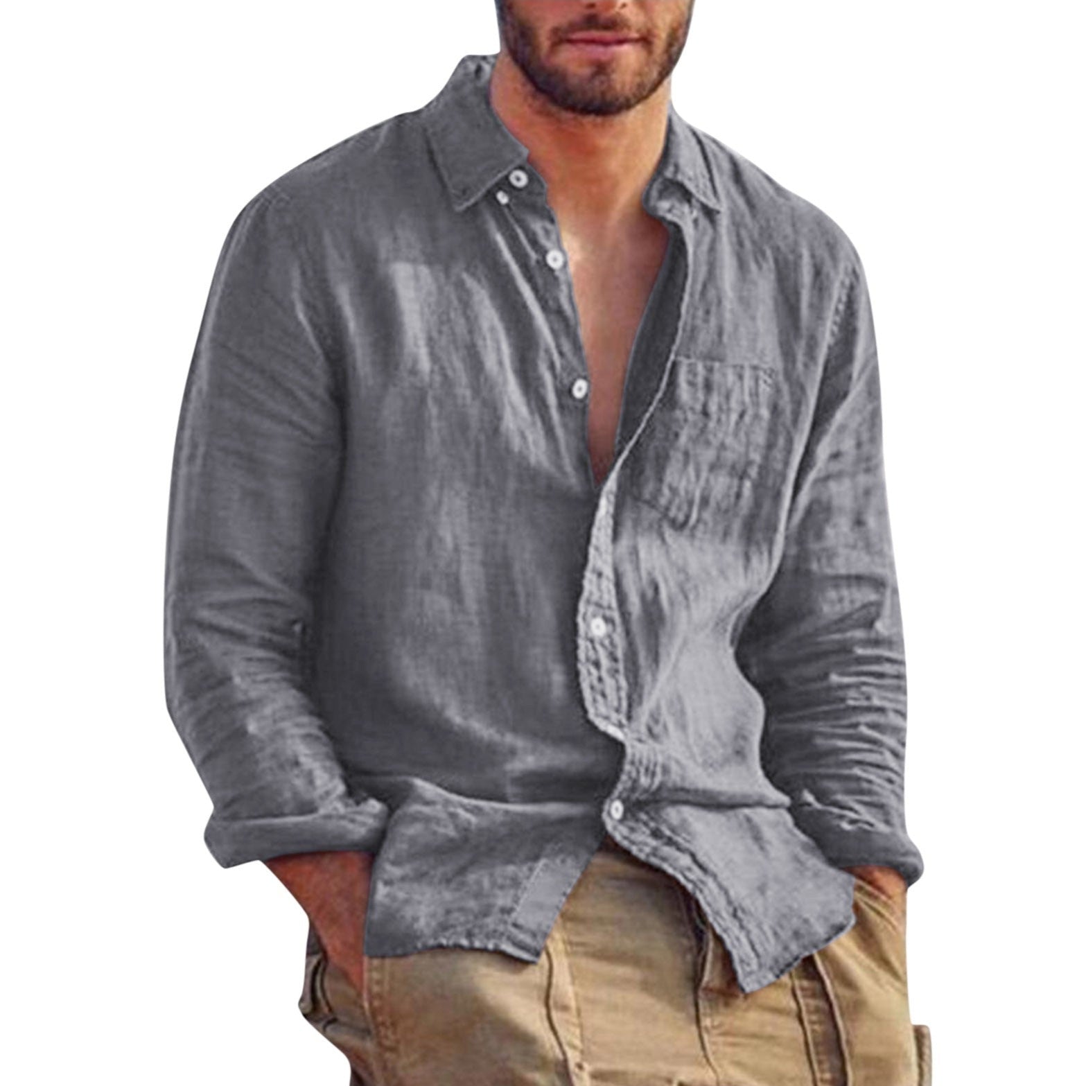 Men’s Casual Linen Shirt – Long Sleeve Button-Down with Relaxed Fit