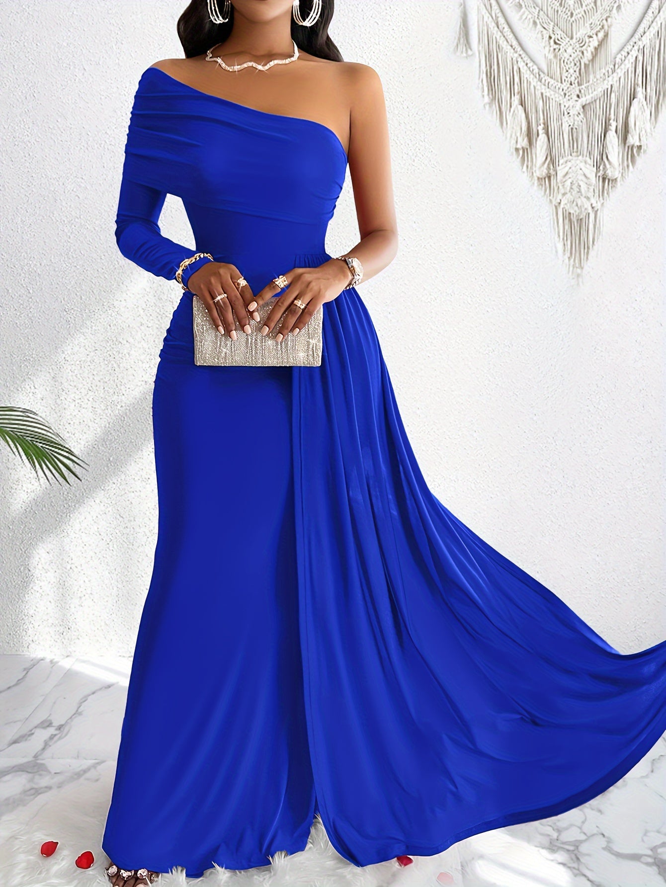 One-Shoulder Ruched Maxi Gown with Slit – Formal Draped Dress