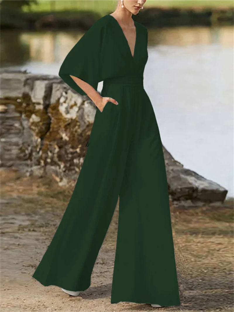 Women's Jumpsuit – Kimono Sleeve Wrap, Elegant Wide Leg Occasionwear