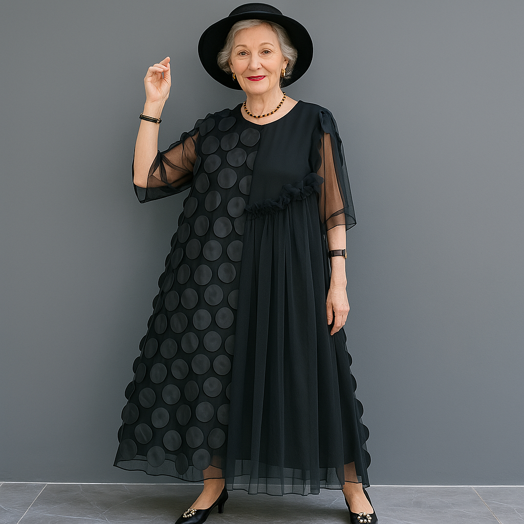 Elegant Tulle Maxi Dress with Playful 3D Dots and Dazzling Sheer Sleeves