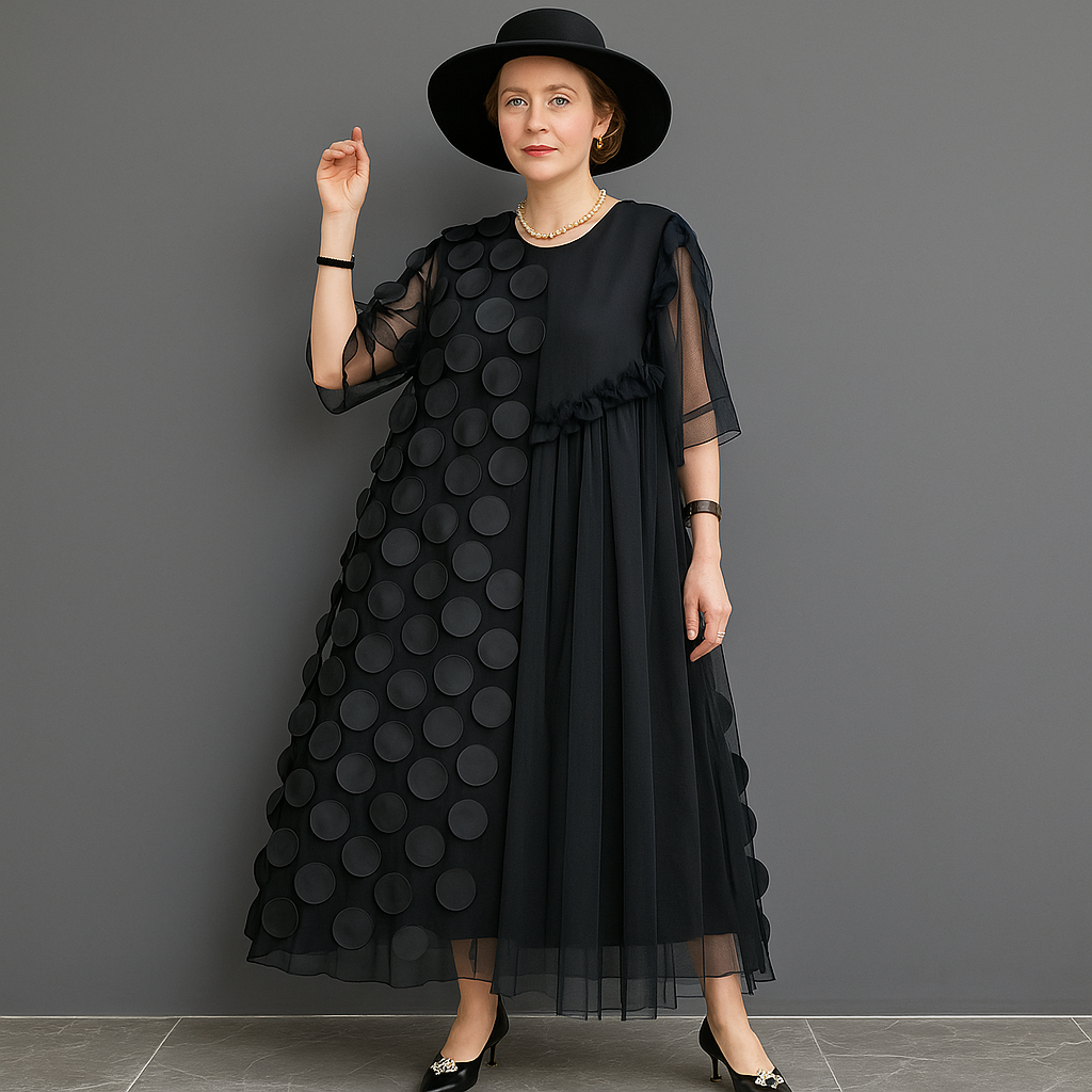 Elegant Tulle Maxi Dress with Playful 3D Dots and Dazzling Sheer Sleeves