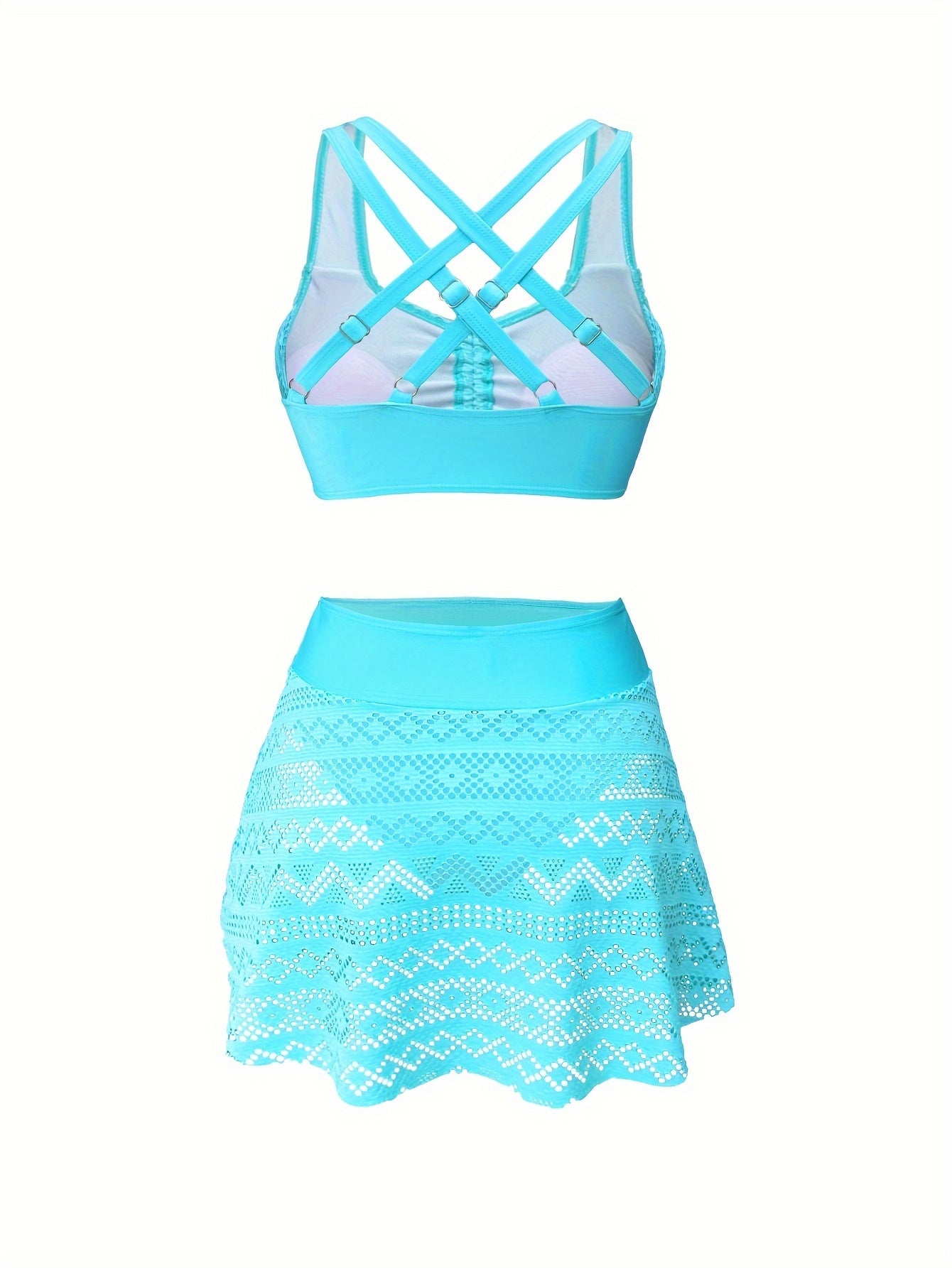 Lace Crochet 3-Piece Bikini Set – Aqua Blue with Wrap Skirt