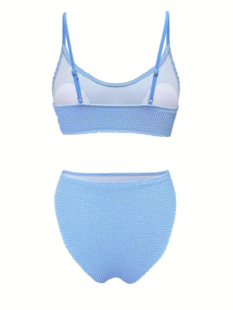 Textured Black Bikini Set with Keyhole Top and High-Leg Bottoms