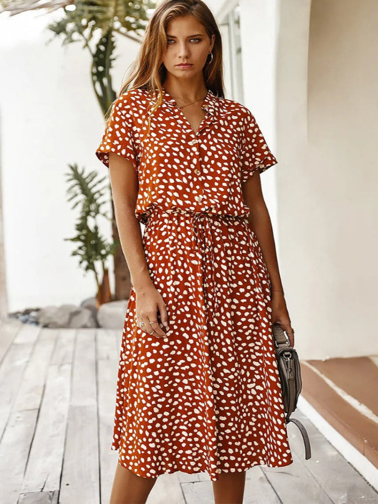 Women's Midi Shirt Dress – Spotty Print, Relaxed Fit Casual Day Dress
