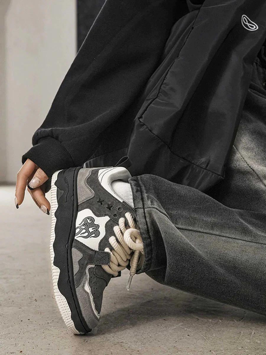 Men's Chunky Trainers – Suede Wave Graphic, Platform Sole Streetwear