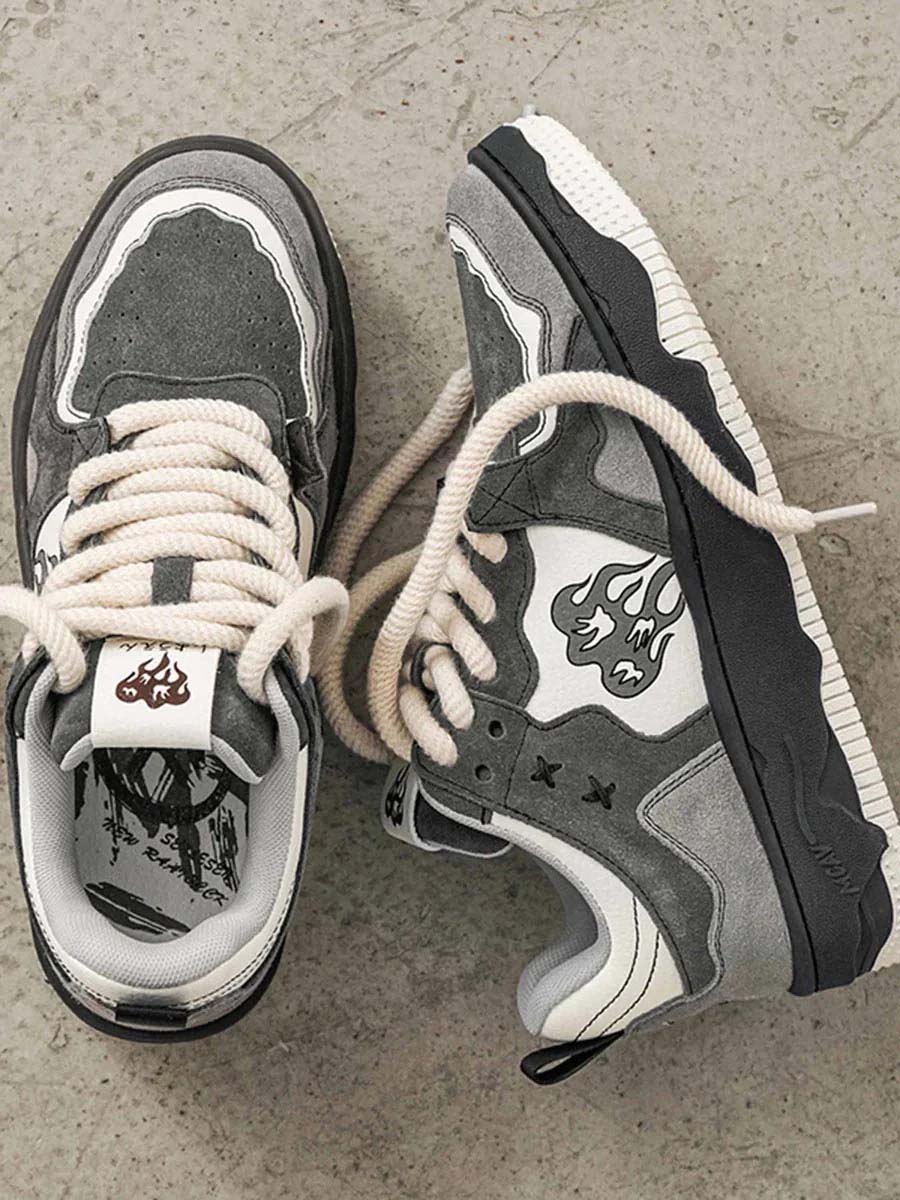 Men's Chunky Trainers – Suede Wave Graphic, Platform Sole Streetwear