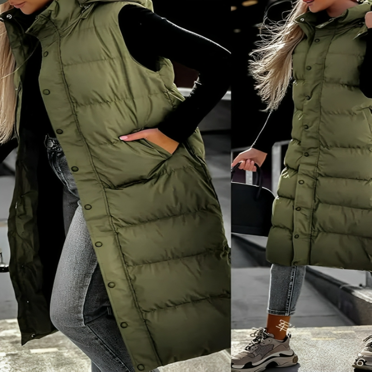 Quilted Long Puffer Vest – Hooded Sleeveless Jacket with Front Zip