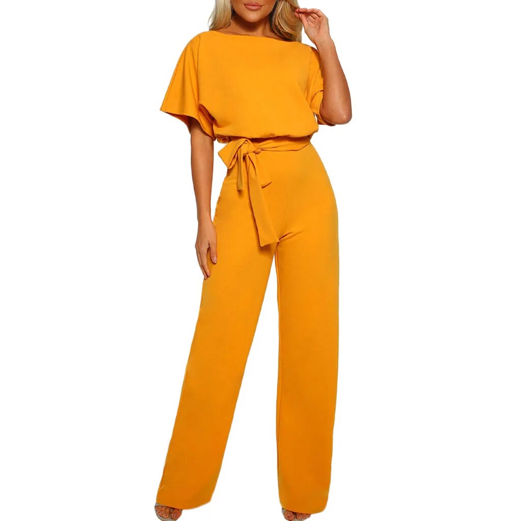 Elegant Belted Jumpsuit – Short Sleeve One-Piece for Work & Events