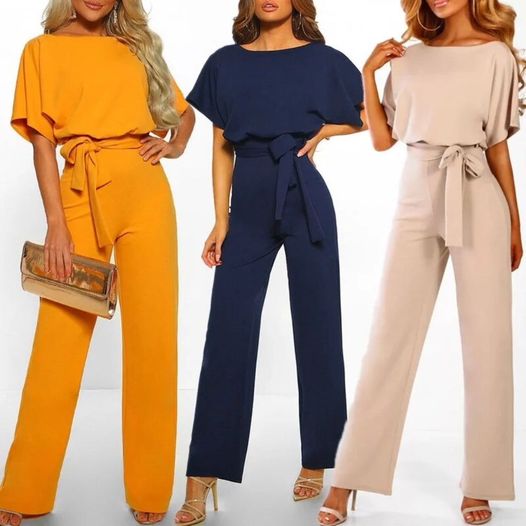 Elegant Belted Jumpsuit – Short Sleeve One-Piece for Work & Events
