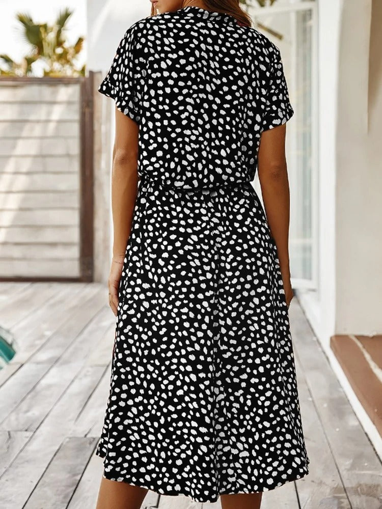 Women's Midi Shirt Dress – Spotty Print, Relaxed Fit Casual Day Dress