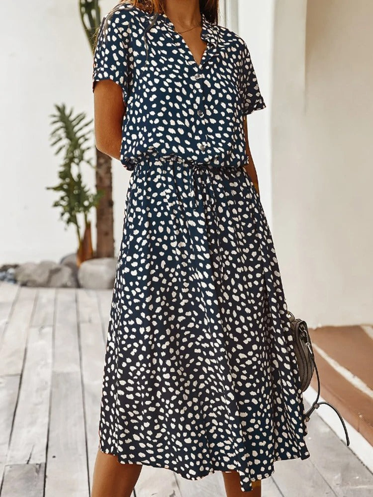 Women's Midi Shirt Dress – Spotty Print, Relaxed Fit Casual Day Dress