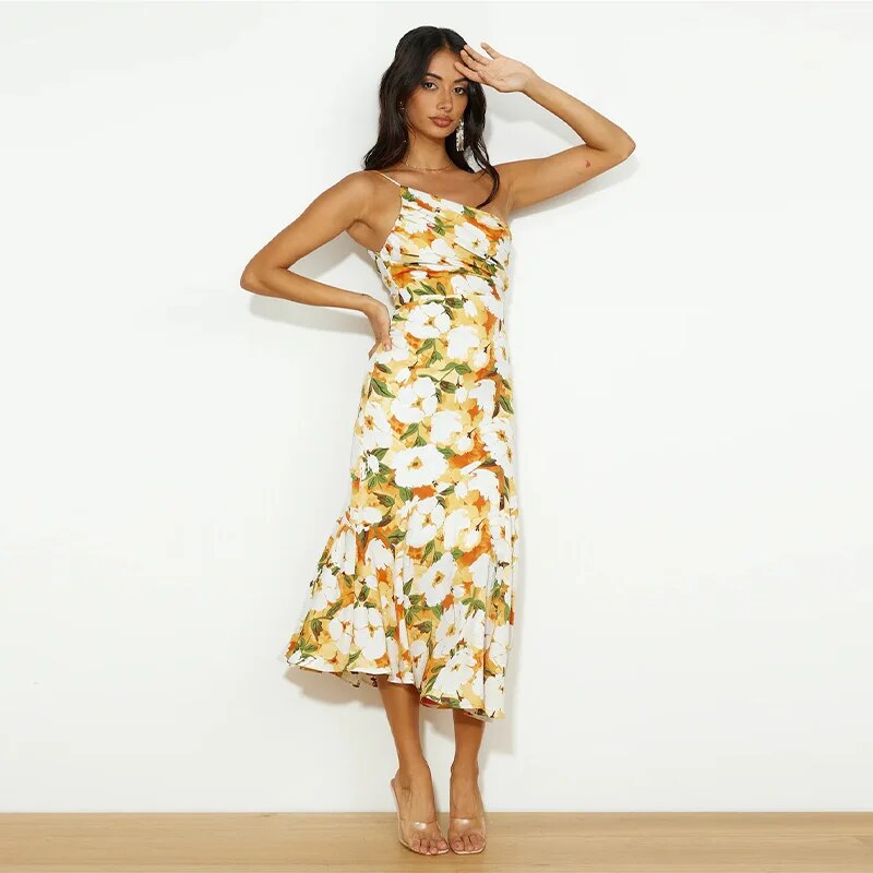 One-Shoulder Floral Midi Dress – Lightweight Asymmetrical Summer Look