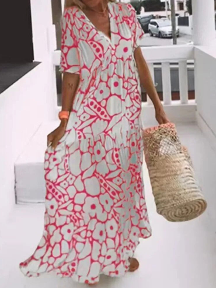 Boho Print V-Neck Maxi Dress – Short Sleeve Flowy Summer Style