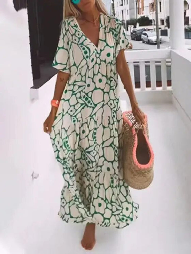 Boho Print V-Neck Maxi Dress – Short Sleeve Flowy Summer Style