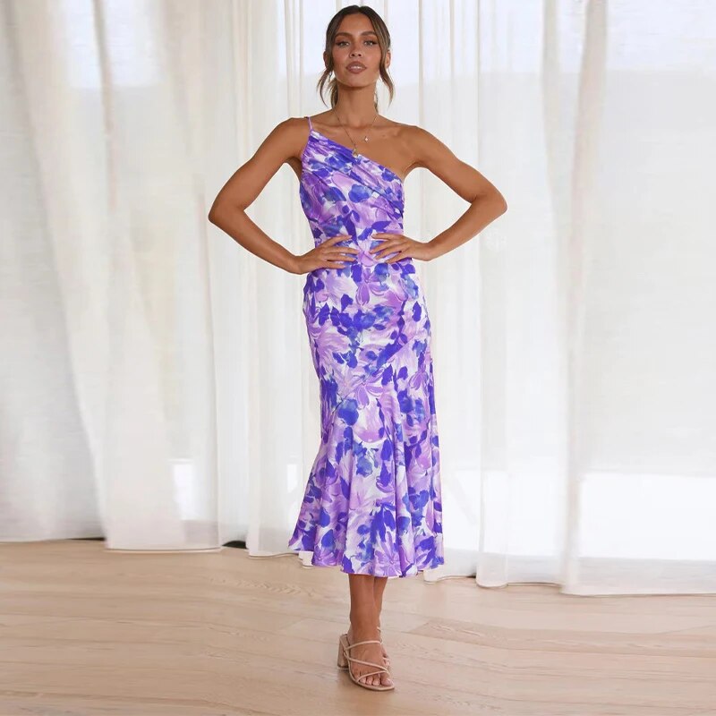 One-Shoulder Floral Midi Dress – Lightweight Asymmetrical Summer Look