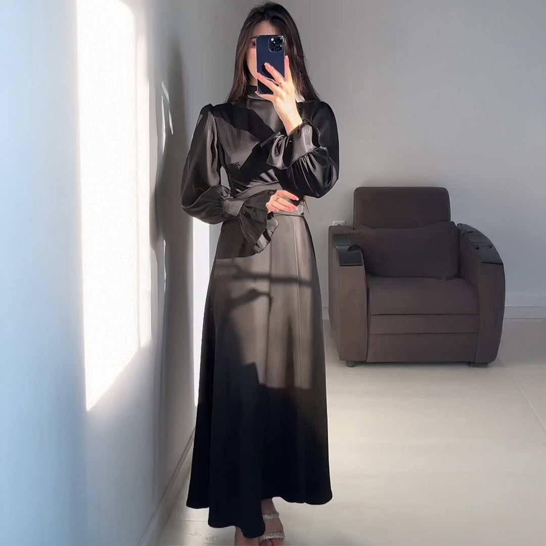 Women's Maxi Dress – High Neck & Balloon Sleeve, Elegant Occasionwear