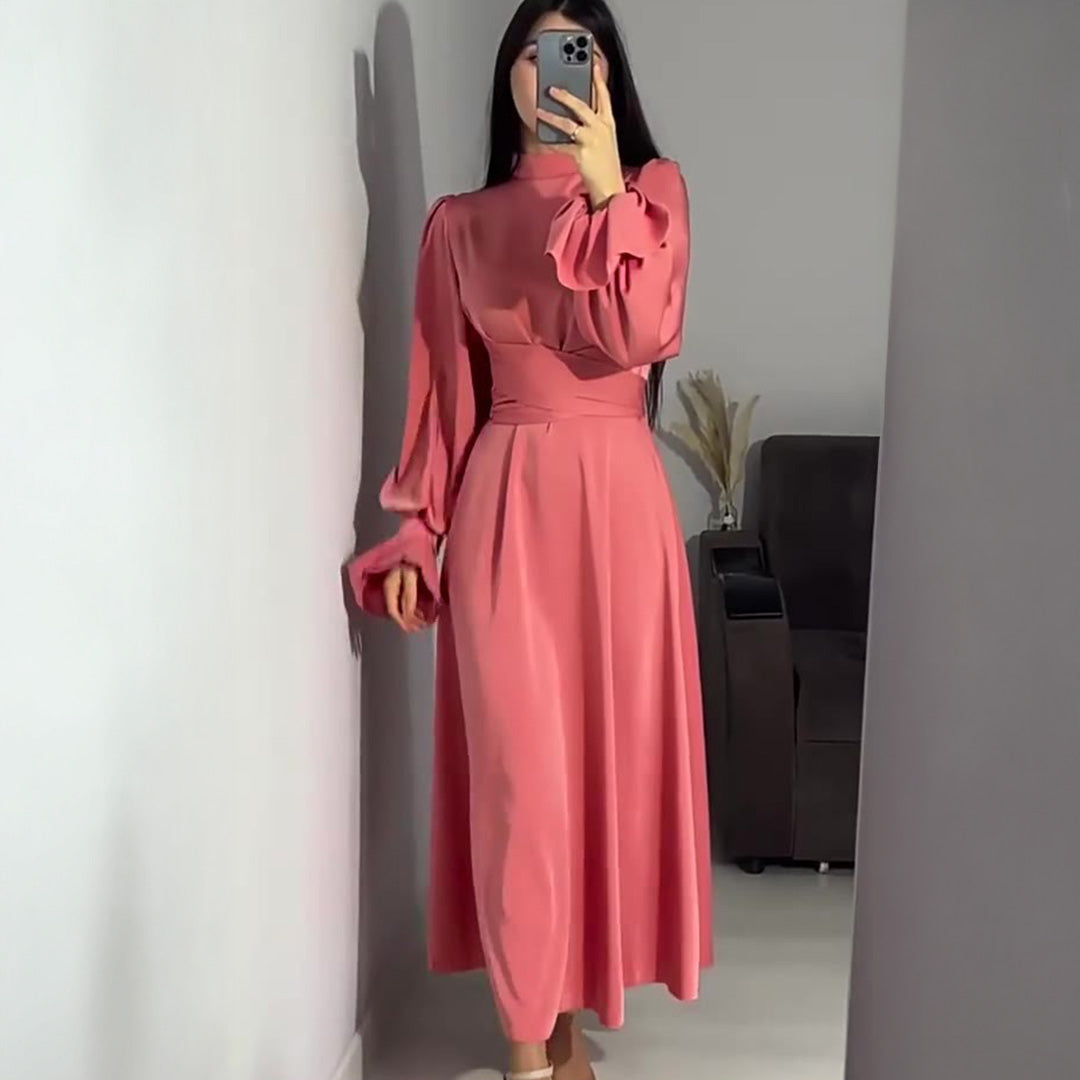 Women's Maxi Dress – High Neck & Balloon Sleeve, Elegant Occasionwear