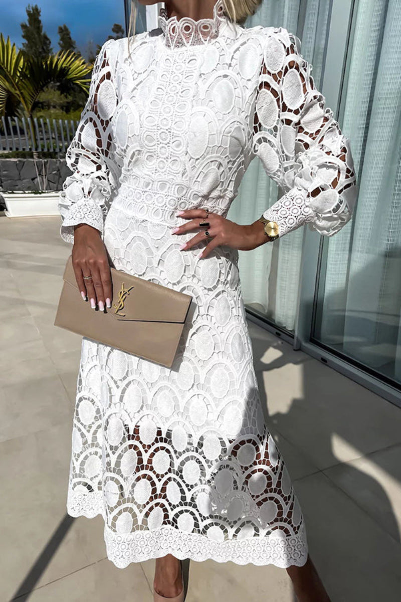 Elegant Lace Midi Dress – Long Sleeve Cocktail Style for Weddings & Events