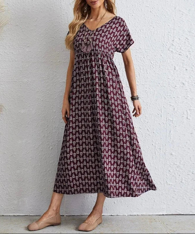 Boho Puff Sleeve Maxi Dress – Vintage Print Flowy Summer Style