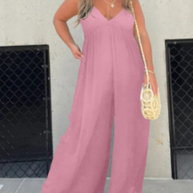 Wide-Leg V-Neck Sleeveless Jumpsuit – Flowy Summer Romper with Pockets