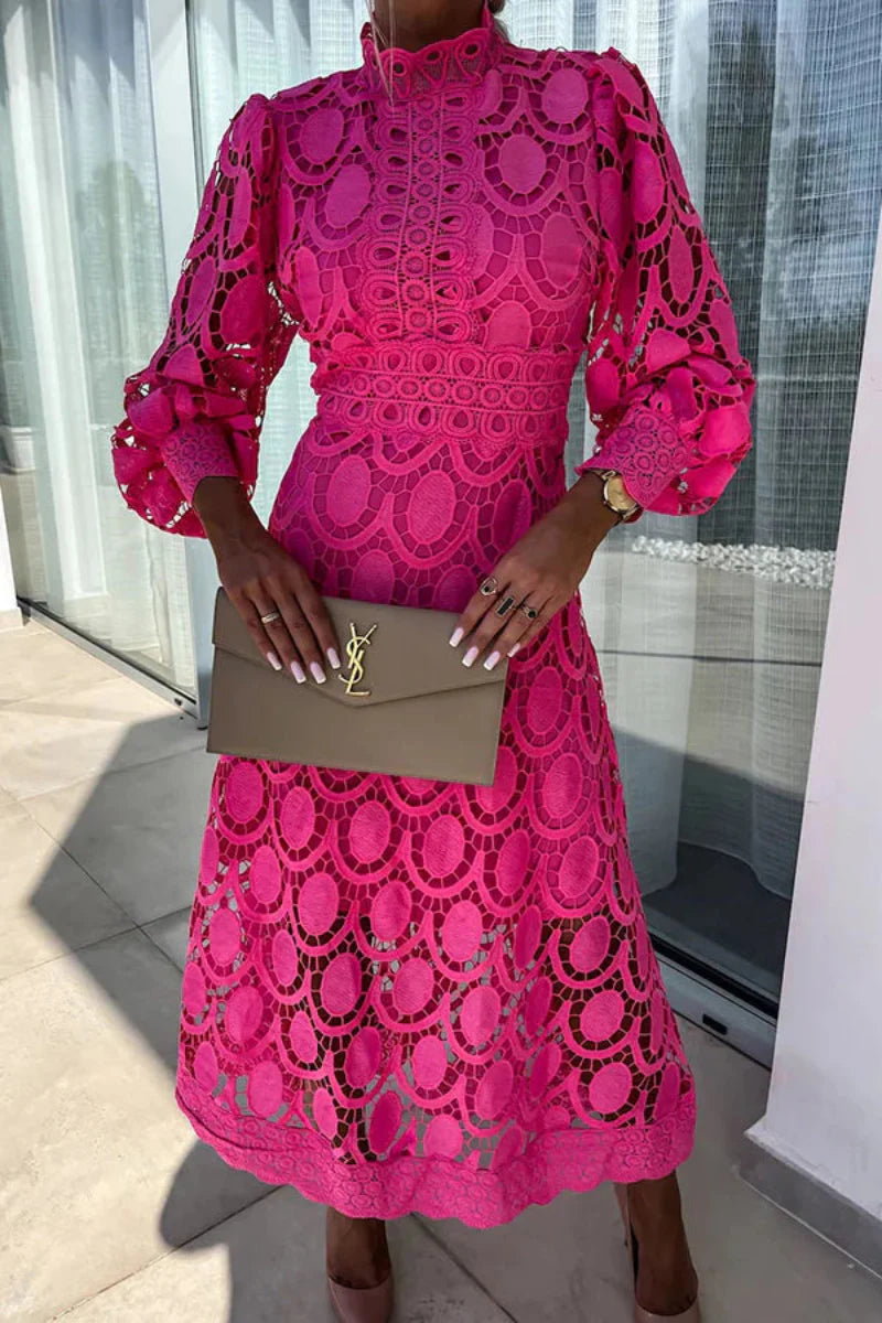 Elegant Lace Midi Dress – Long Sleeve Cocktail Style for Weddings & Events