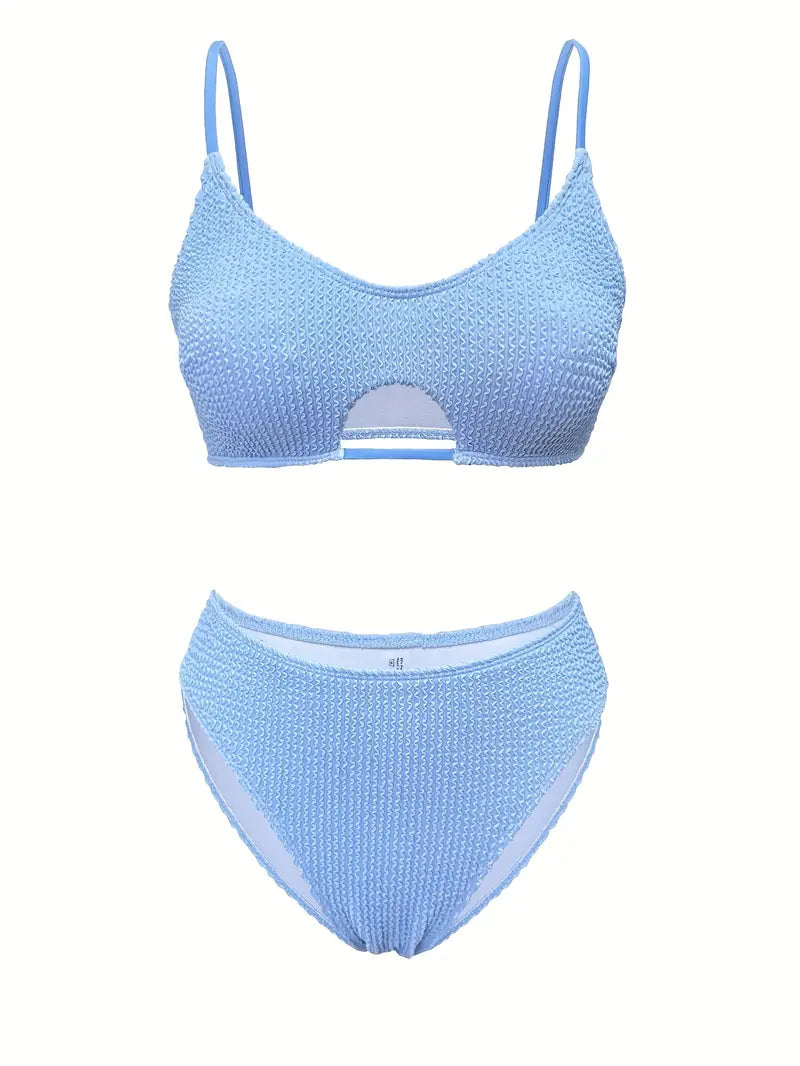 Textured Black Bikini Set with Keyhole Top and High-Leg Bottoms