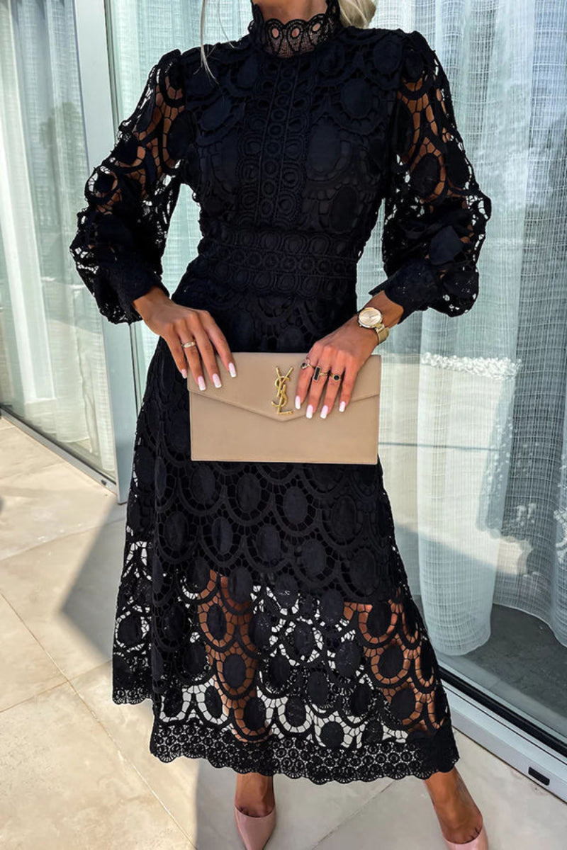 Elegant Lace Midi Dress – Long Sleeve Cocktail Style for Weddings & Events