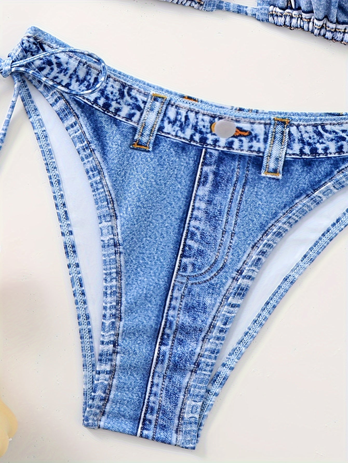 Ruched Tie-Dye Bikini Set – Adjustable Triangle Top in Washed Blue