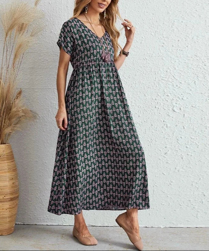 Boho Puff Sleeve Maxi Dress – Vintage Print Flowy Summer Style