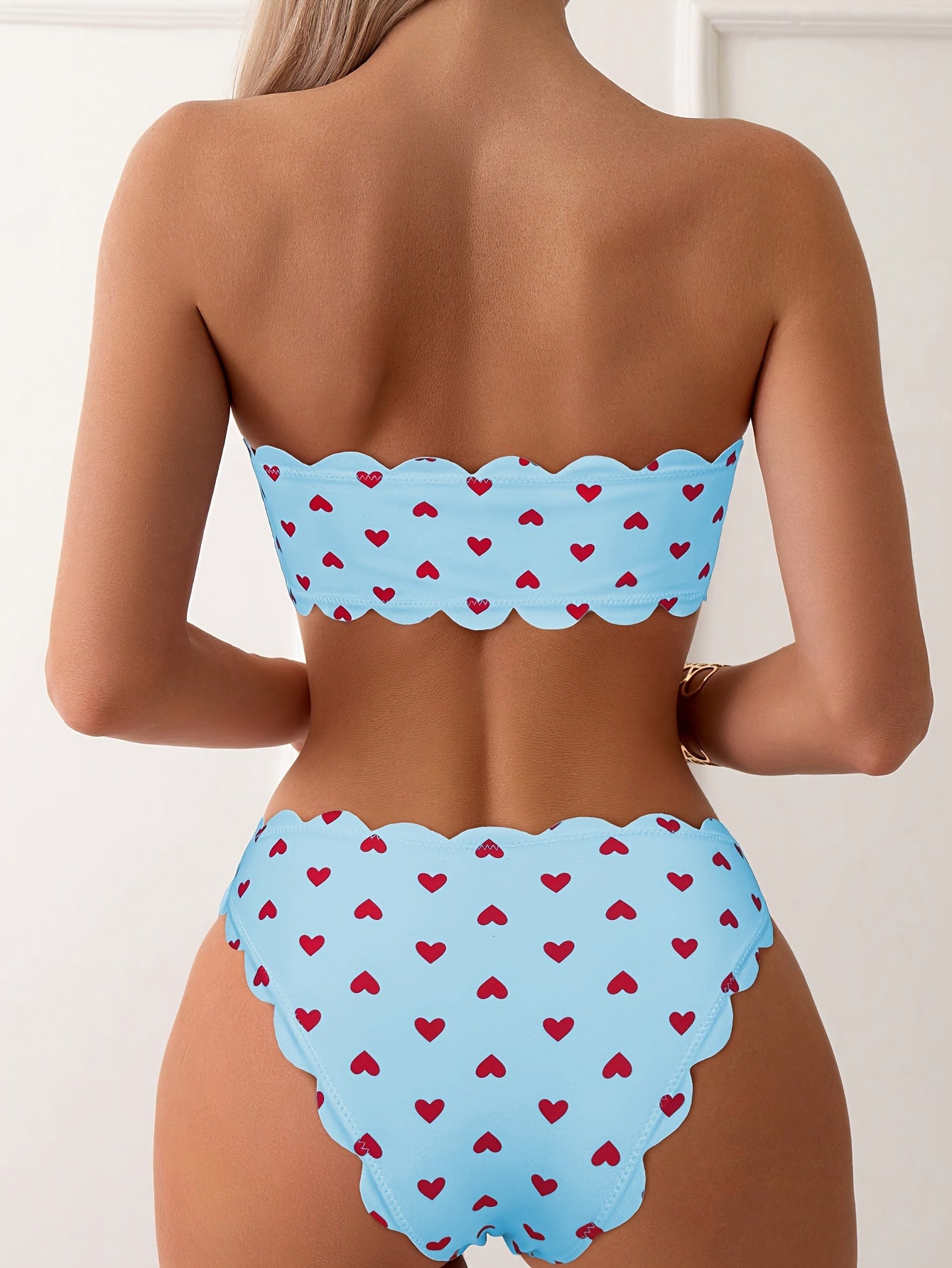 Heart Print Scalloped Bikini Set – Sweet Retro High-Waist Swimwear