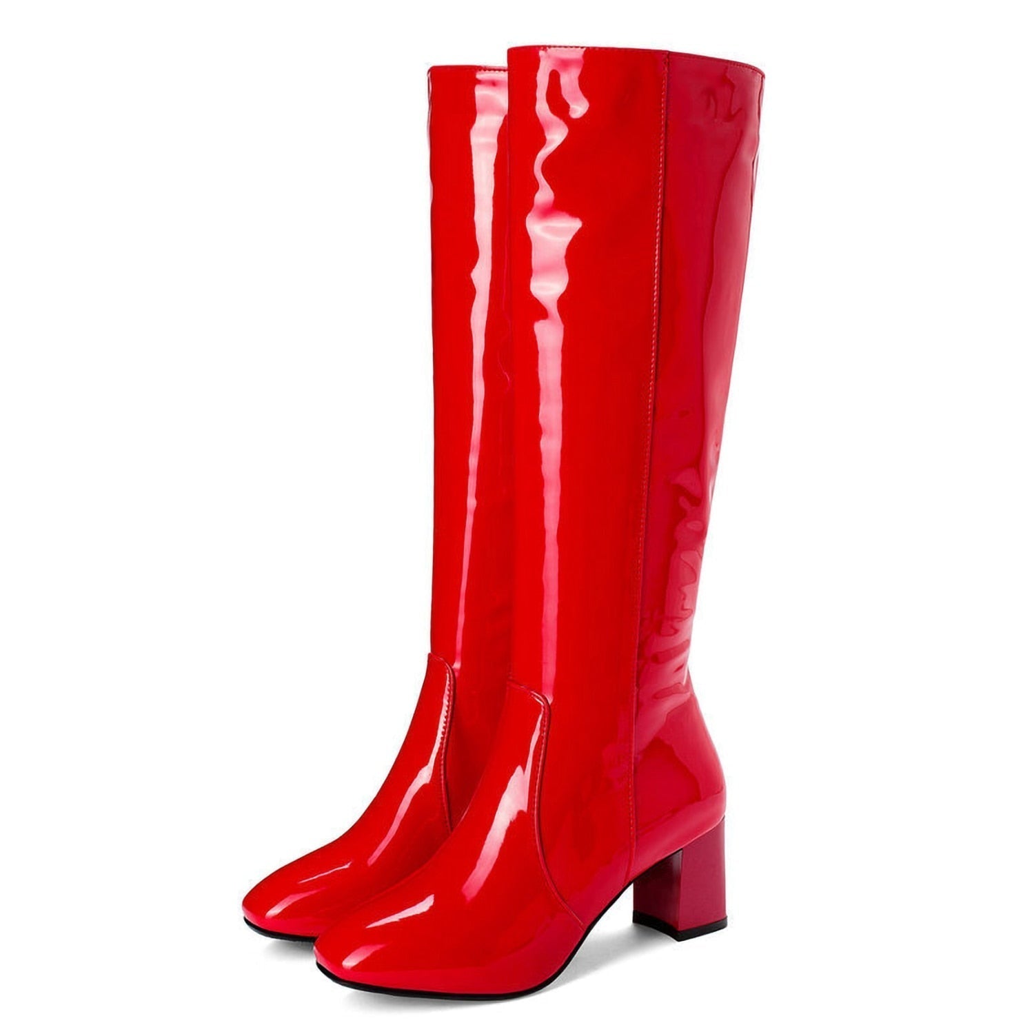 Women's Knee High Boots – Patent Block Heel, Side Zip Going Out Style