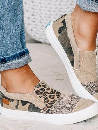 Women's Slip-On Trainers – Animal Print Patchwork, Comfy Everyday Shoes
