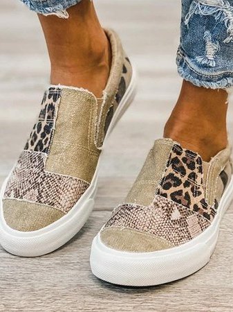 Women's Slip-On Trainers – Animal Print Patchwork, Comfy Everyday Shoes
