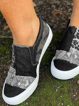 Women's Slip-On Trainers – Animal Print Patchwork, Comfy Everyday Shoes